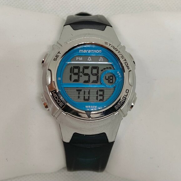Marathon women digital alarm chrono watch 33mm case silver green toned running - Picture 1 of 6